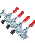 Medium Toggle Clamp Set, 4 Pack Red, 90 kg Holding Capacity, 198 lb, Cold Rolled Steel with Zinc Finish, Oil and Stain Resistant Grips, Adjustable Rubber Tips, Built For Woodworking, Metalworking And Jigs diagonal view