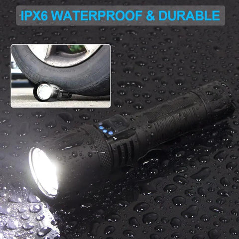 Beast Mode 2000 Lumen Rechargeable LED Flashlight Tactical Torch with Clip, IPX6 water resistant, showcasing waterproof durability.