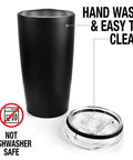 20 Oz Double Wall Vacuum Insulated Stainless Steel Tumbler with Slide Top Leakproof Lid shown with removable lid, hand wash recommended.