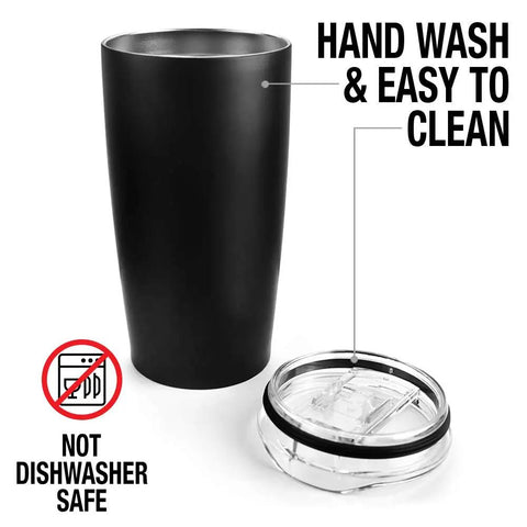 20 Oz Double Wall Vacuum Insulated Stainless Steel Tumbler with Slide Top Leakproof Lid shown with removable lid, hand wash recommended.