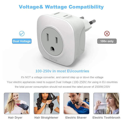 3 Pack European Travel Plug Adapter With 2 US Outlets All In One EU to US Power Adapter for dual voltage hair dryers and shavers