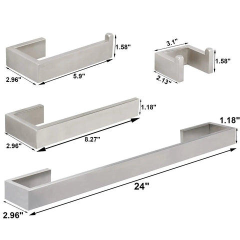 4 Piece Stainless Steel Bathroom Hardware Set With Square Towel Bar Hand Towel Rack Toilet Paper Holder And Robe Hook Wall Mounted Brushed Finish 24 Inch Easy Install Boss Level Modern Home Upgrade showing dimensions and square design angles.