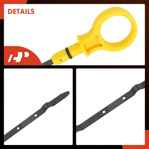 Close-up of Ford And Lincoln 3.5L And 3.7L Engine Oil Dipstick Gauge for Explorer 2011-2012 and other models, showing yellow handle and metal rod.