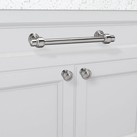10 Pack 5 Inch Brushed Satin Nickel Cabinet Handles Zinc Alloy Heavy Duty Drawer Pulls installed on white kitchen cabinet doors.