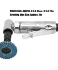 Heavy Hitter Mini Pneumatic Die Grinder Right Angle Air Tool Running At 20000 To 25000 Rpm shown with two inch grinding disc and chuck size specs.