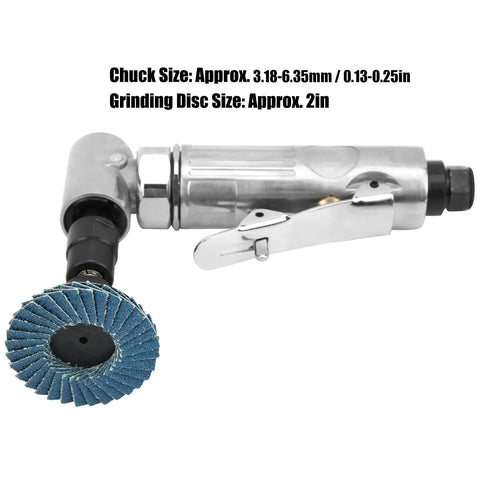 Heavy Hitter Mini Pneumatic Die Grinder Right Angle Air Tool Running At 20000 To 25000 Rpm shown with two inch grinding disc and chuck size specs.