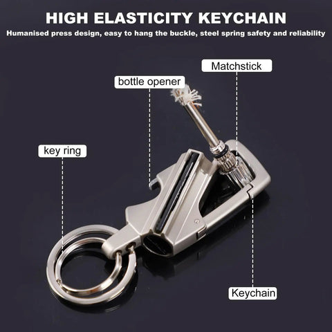 Infinity Lighter With Multitool Keychain Bottle Opener, metal kerosene lighter with matchstick and key ring attachment.