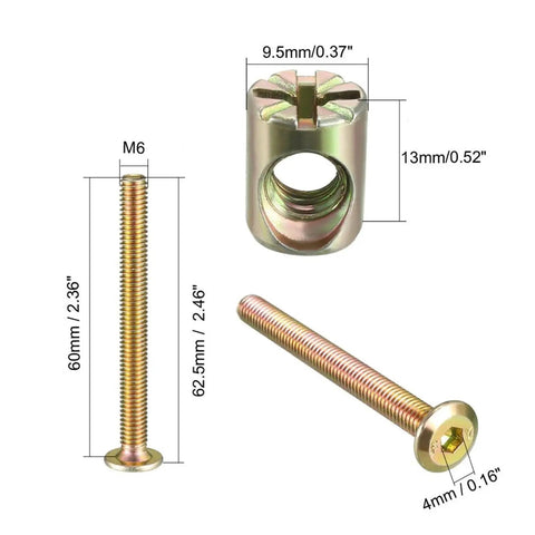 Straight Up Reliable M6 X 60mm Barrel Nuts Dowel Fixing Screws Bolts Zinc Plated Carbon Steel Furniture Connectors close-up with measurements.