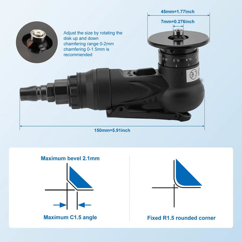 Amazon mini pneumatic chamfering tool, handheld air beveler for metal and wood; side view with 45° adjustable disc and 150 mm length