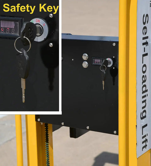 Safety key and control panel for Self Loading Electric Pallet Stacker With 2116 Lbs Capacity And 51 Inch Lift Height.