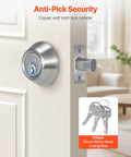 Round Single Cylinder Deadbolt Lock With 3 Keys Keyed On One Side Fits Standard Doors Satin Nickel Finish Installed on Door