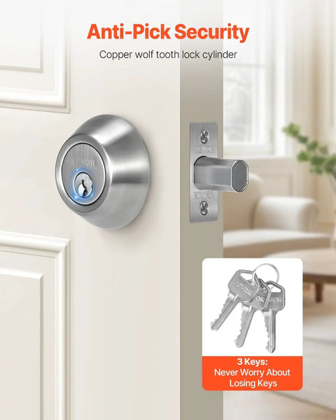 Round Single Cylinder Deadbolt Lock With 3 Keys Keyed On One Side Fits Standard Doors Satin Nickel Finish Installed on Door