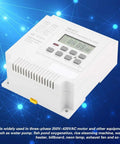 Three Phase 380V Digital LCD Timer Switch With Weekly Programmable Relay For Motors And Industrial Equipment on blue background