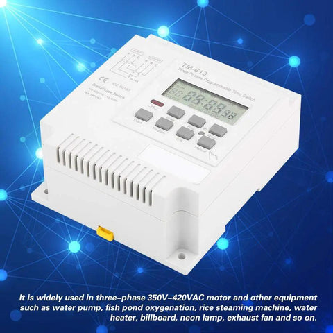 Three Phase 380V Digital LCD Timer Switch With Weekly Programmable Relay For Motors And Industrial Equipment on blue background