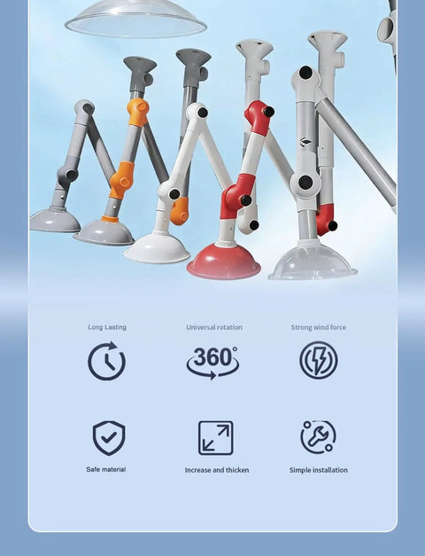 Heavy Duty Ceiling Mounted Fume Extractor With Slick 360 Degree Adjustable Arms showing adjustable arms in various colors.