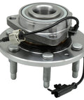 Front Wheel Hub And Bearing Assembly For Chevy Tahoe Silverado 1500 Suburban Avalanche Escalade Yukon Sierra 4WD 2007 2014 Replacement Premium OEM Grade With Durable Bearings And Easy Install, shown front view with connectors.