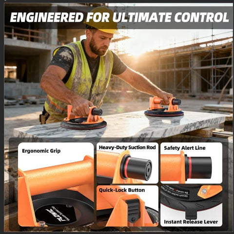 Man using Glass Suction Cups Heavy Duty 8 Inch Vacuum Cup Lifter with Handle and Pump 440 lbs load capacity for lifting marble slab