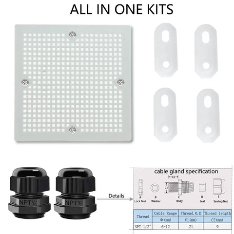 Built Tough IP67 Waterproof ABS Junction Box With Hinged Clear Cover Two NPT Half Inch Cable Glands components and mounting kit.