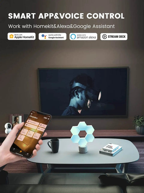Epic RGB Light For Gaming PC Setup With USB Power And 70 Plus Effects, Hexagon Wall Lights That Sync To Music on a desk
