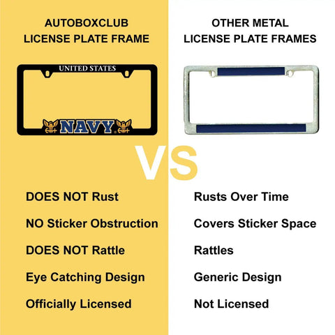 Comparison of Patriotic Navy License Plate Frame in black versus generic metal frame, highlighting features and quality differences.