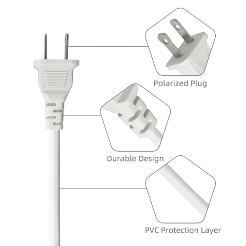 Flat 3 Foot White Extension Cord 2 Prong Polarized Light Duty ETL Listed Power Cable 18 AWG 125V 10A 1250W For Indoor Use Slim Flexible Design