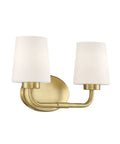 Capra Two Light Mid Century Modern White Opal Glass Bathroom Vanity Wall Light With Warm Brass Finish on white background
