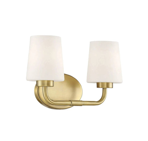 Capra Two Light Mid Century Modern White Opal Glass Bathroom Vanity Wall Light With Warm Brass Finish on white background