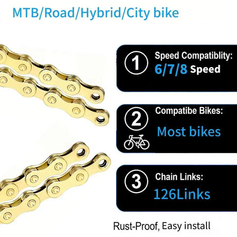 All-In-One Bike Chain Repair Kit For 6/7/8 Speed E-Bikes And MTB Road Rigs, showing chain details and compatibility info