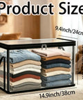Built Like A Tank Large Clear Plastic Storage Bin With Heavy Duty Foldable Frame Reinforced Handles And A Secure Zippered Lid showing size details and stacked clothing.