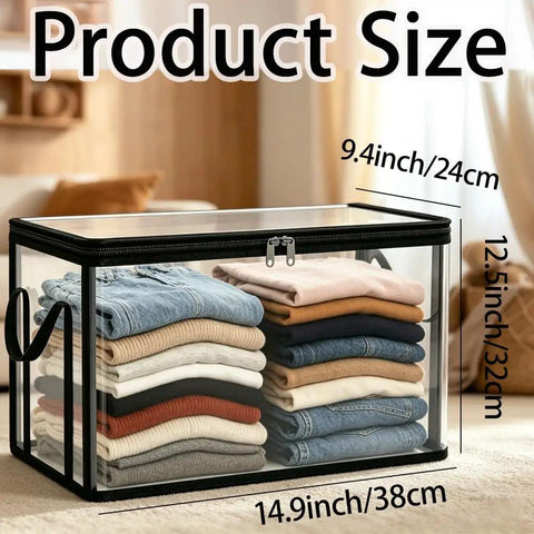 Built Like A Tank Large Clear Plastic Storage Bin With Heavy Duty Foldable Frame Reinforced Handles And A Secure Zippered Lid showing size details and stacked clothing.