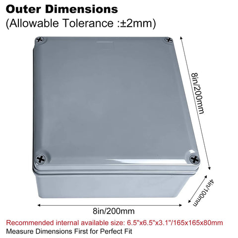 8 By 8 By 4 Inch IP65 Waterproof Junction Box Rugged ABS Plastic Outdoor Enclosure Dustproof Electrical Project Box