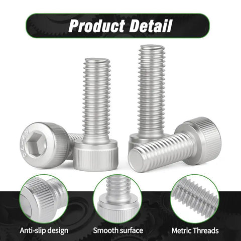 M4x16mm Hex Socket Cap Head Screws Set 150 Pieces, 304 Stainless Steel Machine Screws close-up with metric threads