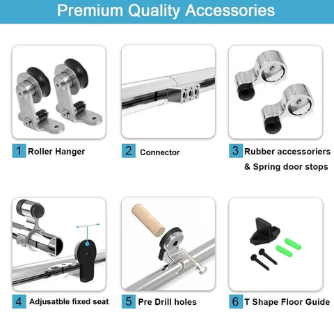 15Ft Stainless Steel Sliding Barn Door Track Kit Top Mount T Hanger Set accessories including roller hanger, connector, and guide