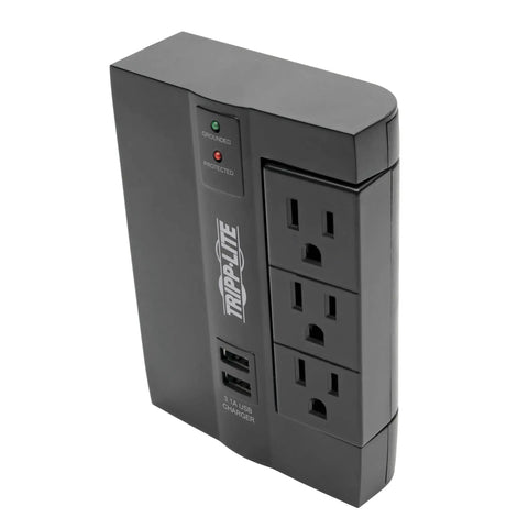 Six Outlet Surge Protector Power Strip With Three Rotatable Outlets Wall Tap Direct Plug In 1200 Joules Two USB Charging Ports