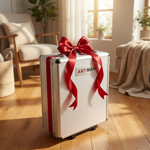 Elegant white 899-Piece Rolling Tool Cart wrapped with a red bow, displayed in a cozy room with wooden flooring.
