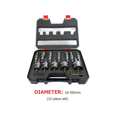 Professional Carbide Tipped Hole Saw Kit For Drilling Wood Plastic And Non-Ferrous Metals 16mm To 50mm Cutter Set With Precision Edges Perfect For Heavy Duty Workshop Jobs Or Quick Home Repairs. 12-piece case, 16-50mm