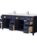 Slick 84 Inch Double Bathroom Vanity In Dark Blue With White Cultured Marble Countertop And Undermount Square Sinks Finished With Brushed Nickel Trim, featuring open storage and drawers.