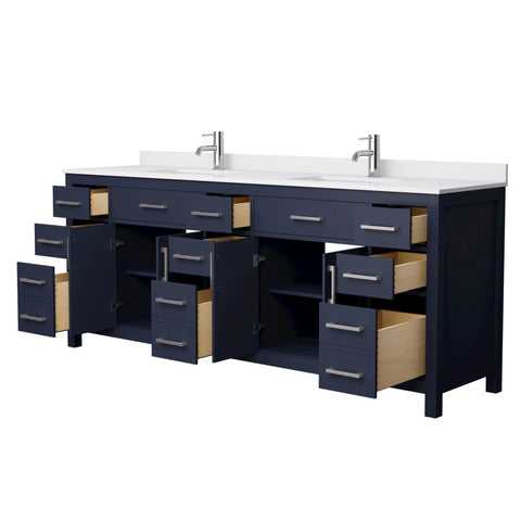 Slick 84 Inch Double Bathroom Vanity In Dark Blue With White Cultured Marble Countertop And Undermount Square Sinks Finished With Brushed Nickel Trim, featuring open storage and drawers.