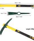 Four Pack 15 Inch Mattock Hoe With Steel Forged Pickaxe And Fiberglass Handle Built For Weeding Prospecting Camping And Hand Digging This All Purpose Workhorse Tool Set, tool dimensions and weight shown