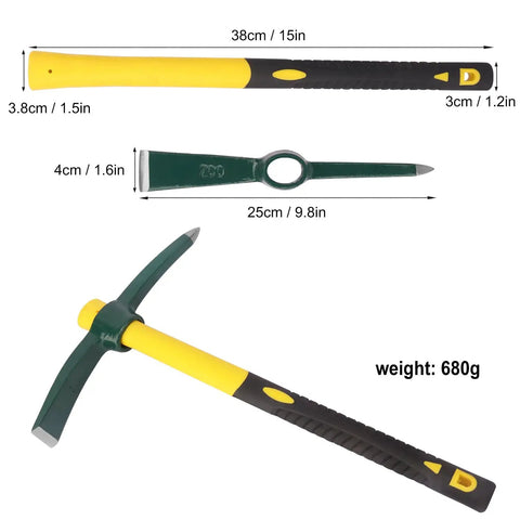 Four Pack 15 Inch Mattock Hoe With Steel Forged Pickaxe And Fiberglass Handle Built For Weeding Prospecting Camping And Hand Digging This All Purpose Workhorse Tool Set, tool dimensions and weight shown