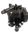 Premium Thermostat Housing Heat Management Module BMW X1 X3 X5 Engine Assembly, black plastic coolant regulator unit with attachments.