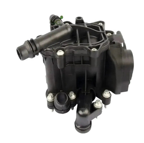Premium Thermostat Housing Heat Management Module BMW X1 X3 X5 Engine Assembly, black plastic coolant regulator unit with attachments.