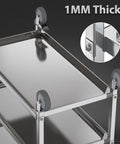 Close-up of a Three Shelf Stainless Steel Serving Cart With Wheels 400 Lb Capacity 1mm Thick Steel showcasing top shelf and wheel.