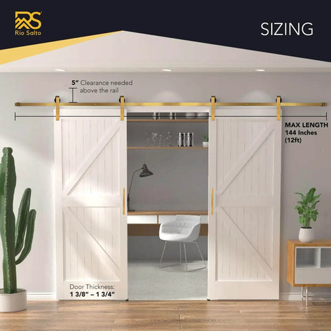 Gold Barn Door Hardware Kit For Two Doors Adjustable 12 Foot Track System With Brushed Brass Finish in modern living room