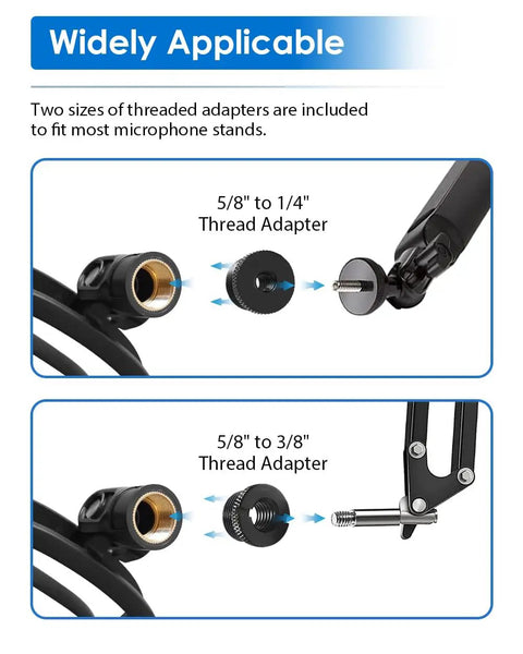 Adapters for Wave Mic Shock Mount For Elgato Wave:1 And Wave:3, showing 5/8” to 1/4” and 5/8” to 3/8” thread options.