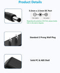 Image showing 5.5mm x 2.5mm DC port, two-prong wall plug, and solid PC ABS shell of 9V DC Power Supply 1A With Dual Barrel Plugs 5.5 x 2.1mm And 5.5 x 2.5mm Center Positive 4.9 Foot Cord Includes Reversible Polarity Cable For Negative Tip Devices.