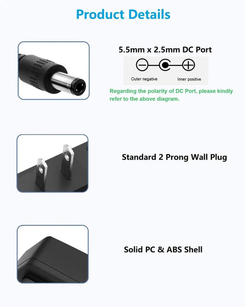 Image showing 5.5mm x 2.5mm DC port, two-prong wall plug, and solid PC ABS shell of 9V DC Power Supply 1A With Dual Barrel Plugs 5.5 x 2.1mm And 5.5 x 2.5mm Center Positive 4.9 Foot Cord Includes Reversible Polarity Cable For Negative Tip Devices.