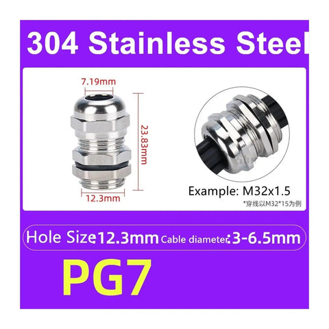 304 Stainless Steel Waterproof Cable Glands IP68 PG7 with dimensions 12.3mm hole for secure wire sealing in damp environments.