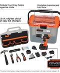 20V Max Cordless Drill With 64-Piece Home Toolkit In A Translucent Portable Toolbox with components displayed