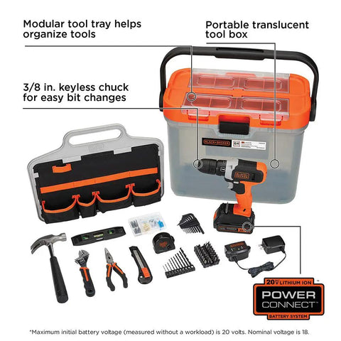 20V Max Cordless Drill With 64-Piece Home Toolkit In A Translucent Portable Toolbox with components displayed
